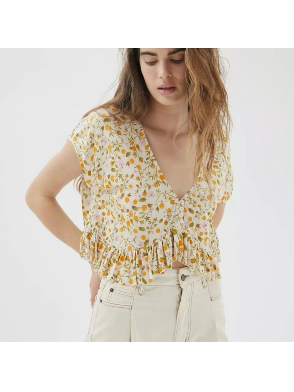Urban Outfitters Izzy Flouncy Ruffle Crop Blouse Cream and Peach Floral Medium